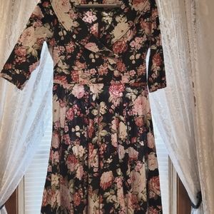 Hell Bunny Vixen Black Floral Retro Fit & Flare Midi Dress Women's Size Large